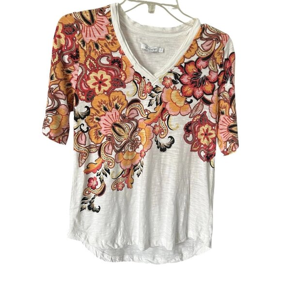 Chico's Women's Floral Elbow Sleeve A-Line Tee Sz 0 Multicolor Fall V-Neck Comfy - Picture 4 of 7